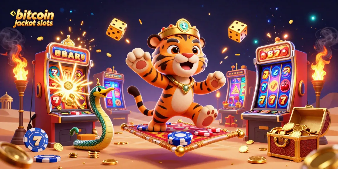 Experience thrilling bitcoin jackpot slots with a vibrant scene featuring a tiger sultan and magical elements.