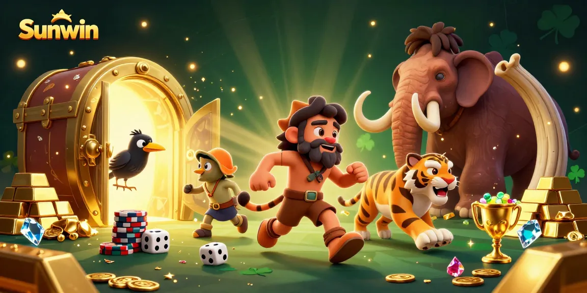 Sunwin captures thrilling online gaming moments with a caveman and sabertooth at a prehistoric casino.