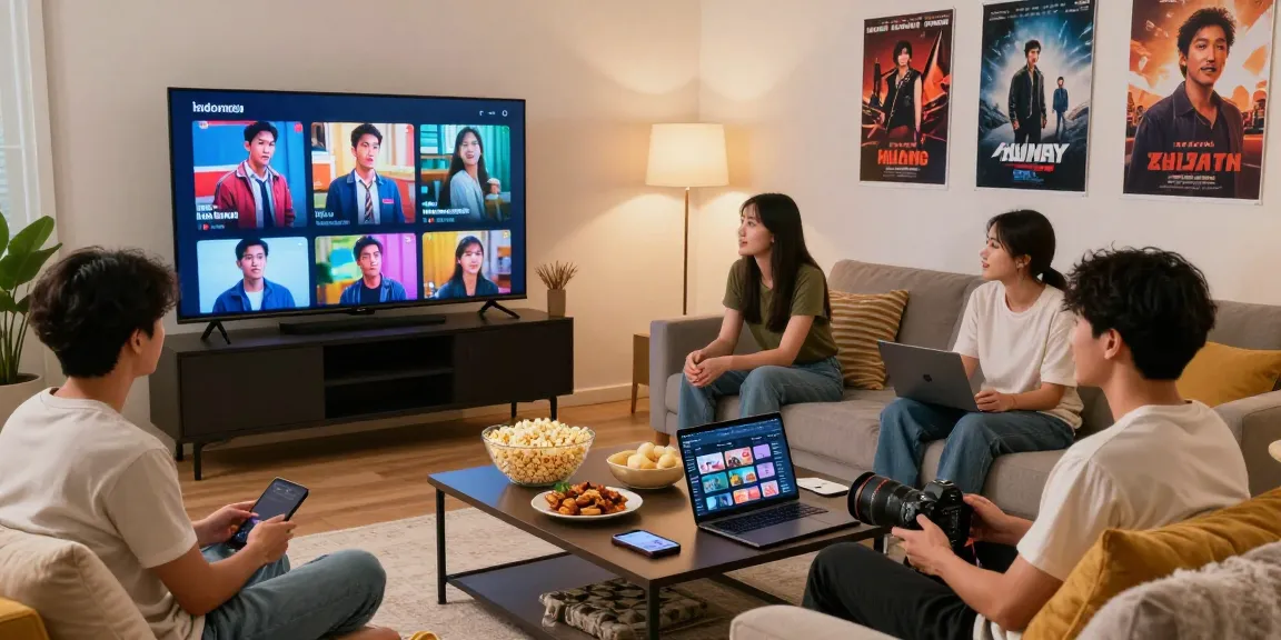Friends enjoying asiabf movie night in cozy living room with snacks.