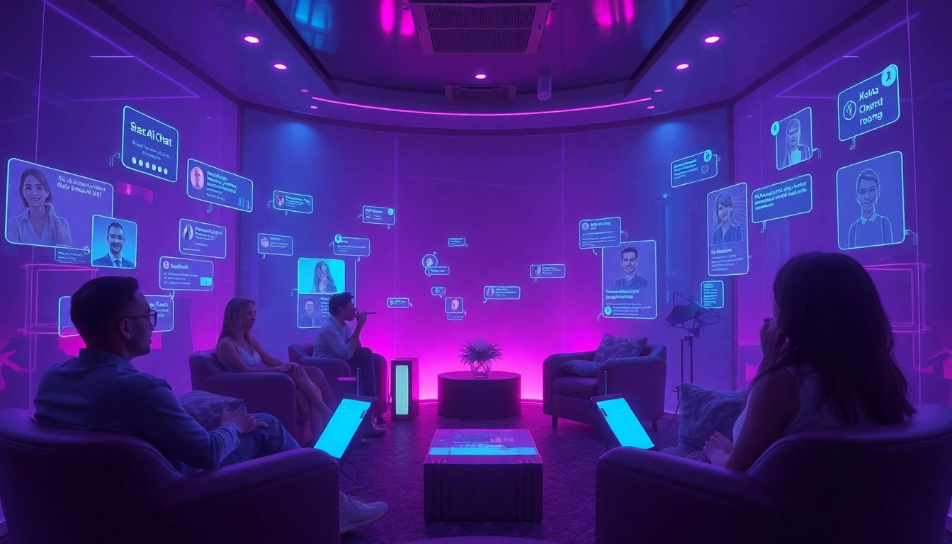 Immersive sex chat AI experience with holographic chatroom and engaging characters.