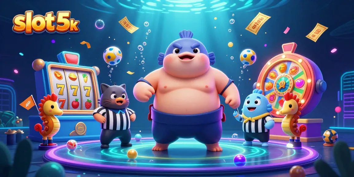 Experience the thrill of slot 5k with dynamic visuals of a fugu and catfish in a vibrant casino scene.