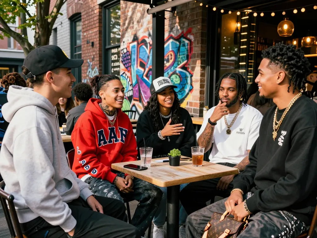 Fashionable group enjoying their time in 레플리카 clothing at an urban café with vibrant street art.