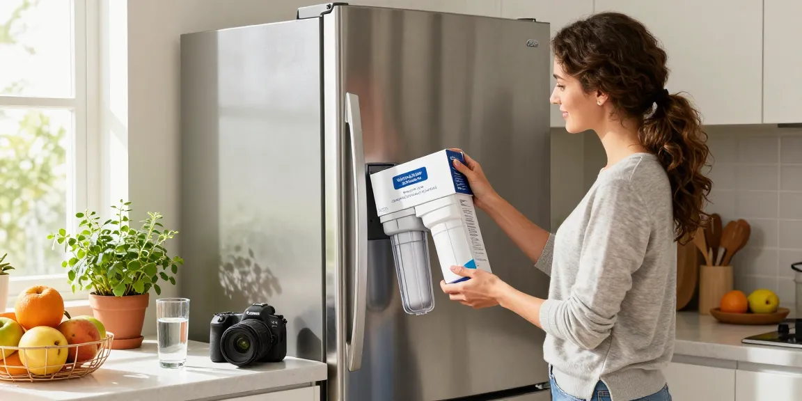 Waterdrop WF401 Replacement for Amana® Clean N Clear WF401 filter being installed in a modern kitchen, showcasing cleanliness and freshness in a bright home.