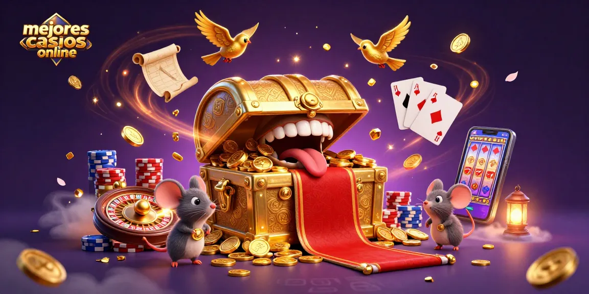 Ilustración de los mejores casinos online con tesoros y efectos de juego en un entorno colorido.