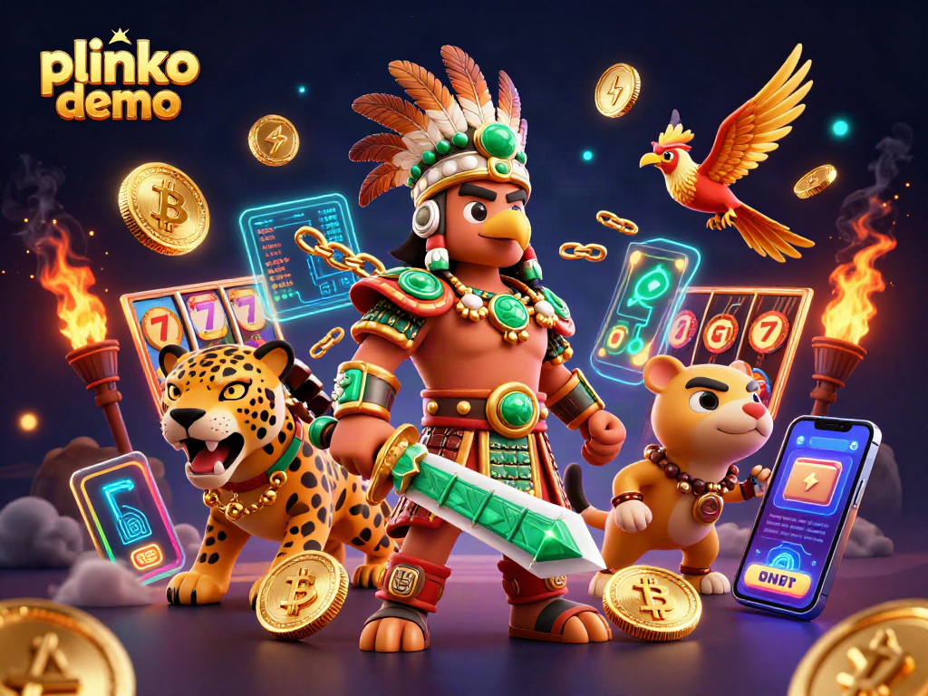 Experience the excitement of the plinko demo with a vibrant scene of Aztec warriors and crypto elements.