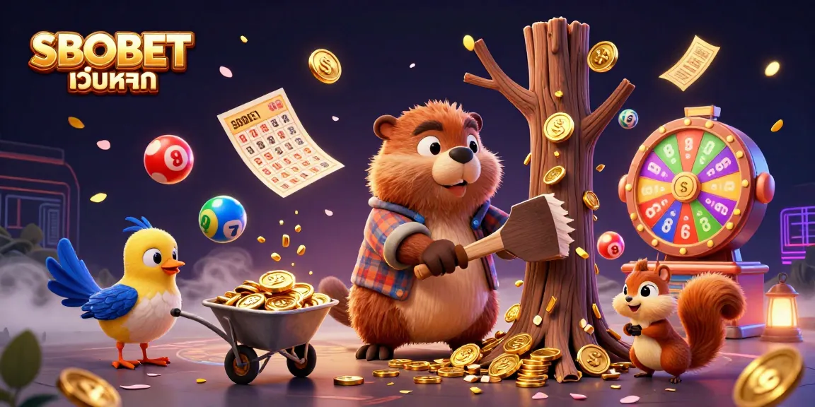 SBOBET เว็บหลัก showcases a vibrant scene of cartoon characters celebrating with golden coins and gambling elements, promoting safe betting.