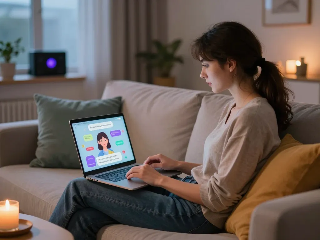 Engaging in a sex chat AI conversation on a laptop in a cozy living space.