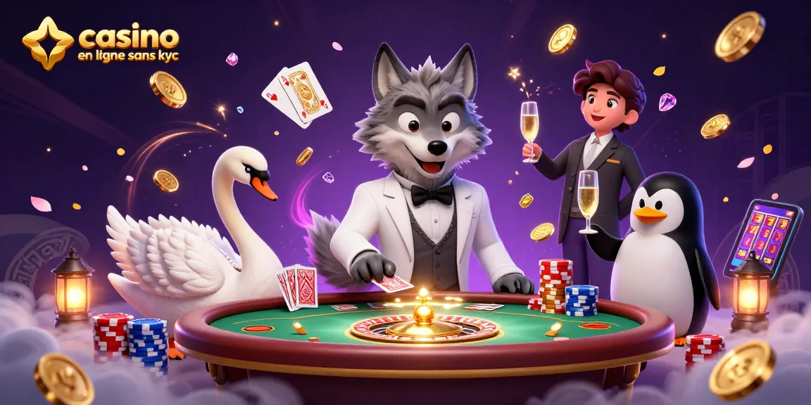 Jouez au casino en ligne sans KYC avec une ambiance luxueuse, affichant cartes et champagne.