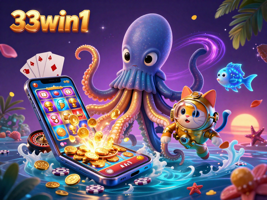 Experience thrilling wins at 33win1 with a kraken, diving cat, and deep-sea fish surrounded by casino elements.