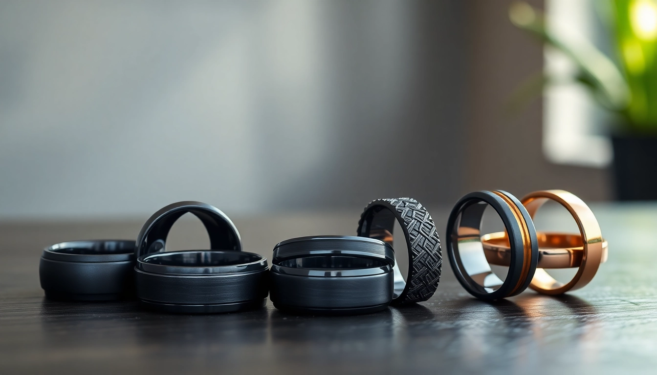 Showcasing exquisite Black Wedding Rings for Men in various elegant styles.