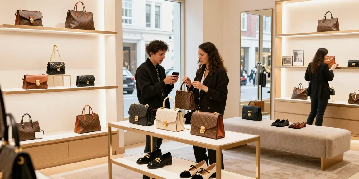 Fashion enthusiast exploring 레플리카 luxury items in a chic boutique setting.