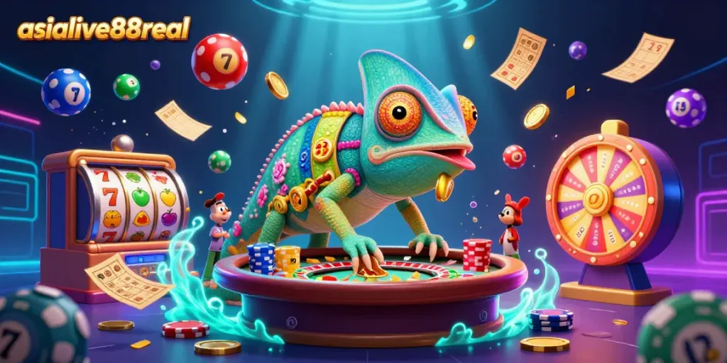 Experience excitement at asialive88real with a vibrant chameleon casino owner surrounded by dynamic game elements.