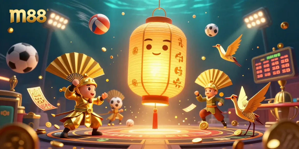 Engage with m88’s vibrant gaming experience illustrated with dynamic sports elements and golden decor.