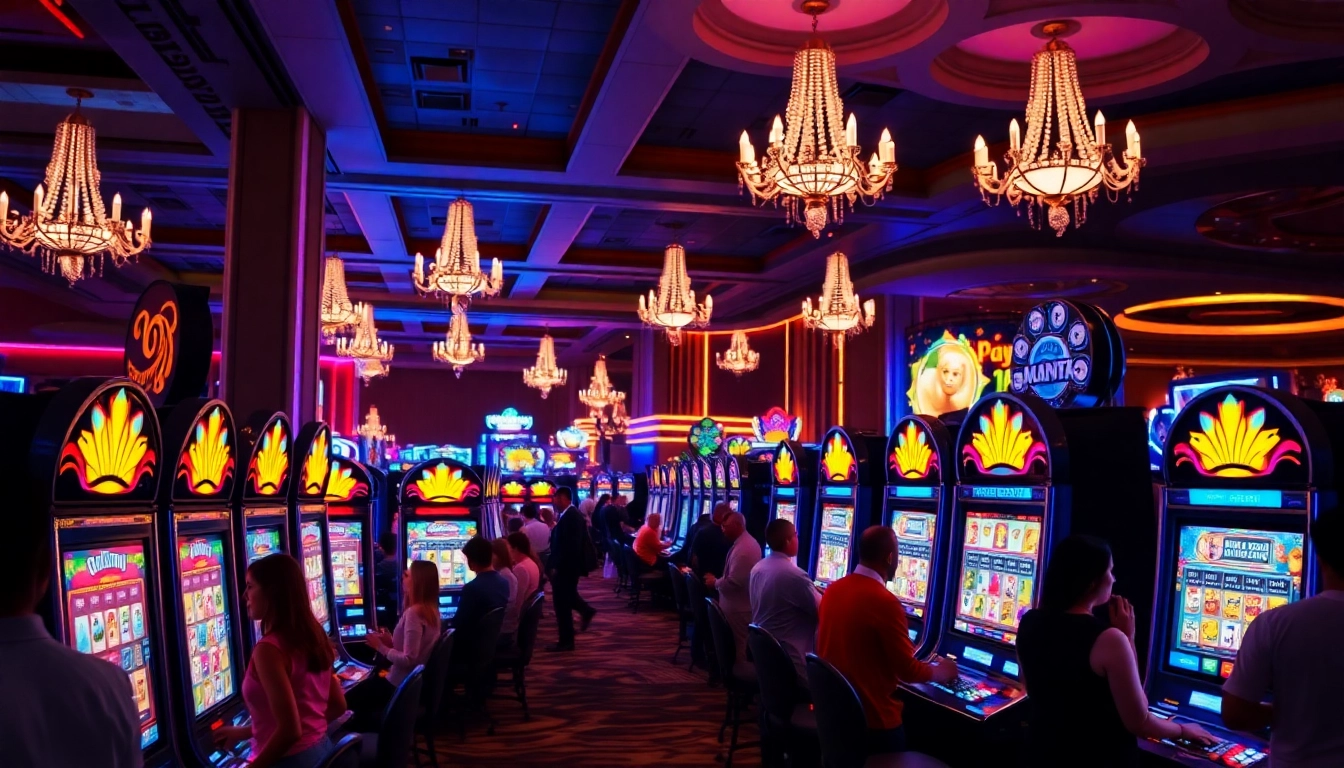 Players enjoying vibrant machines at situs slot gacor terpercaya in a lively casino atmosphere.
