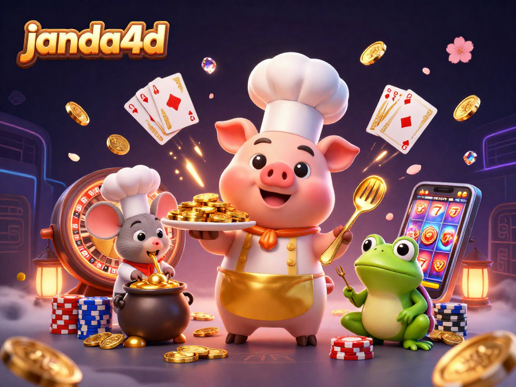 Menangkan permainan di janda4d dengan chef kartun menyajikan koin emas dan elemen kasino yang mengesankan.
