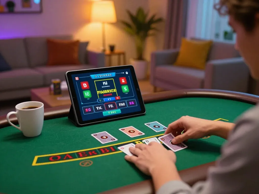 Player utilizing tablet for online casino gaming at home showcasing g28 live dealer experience