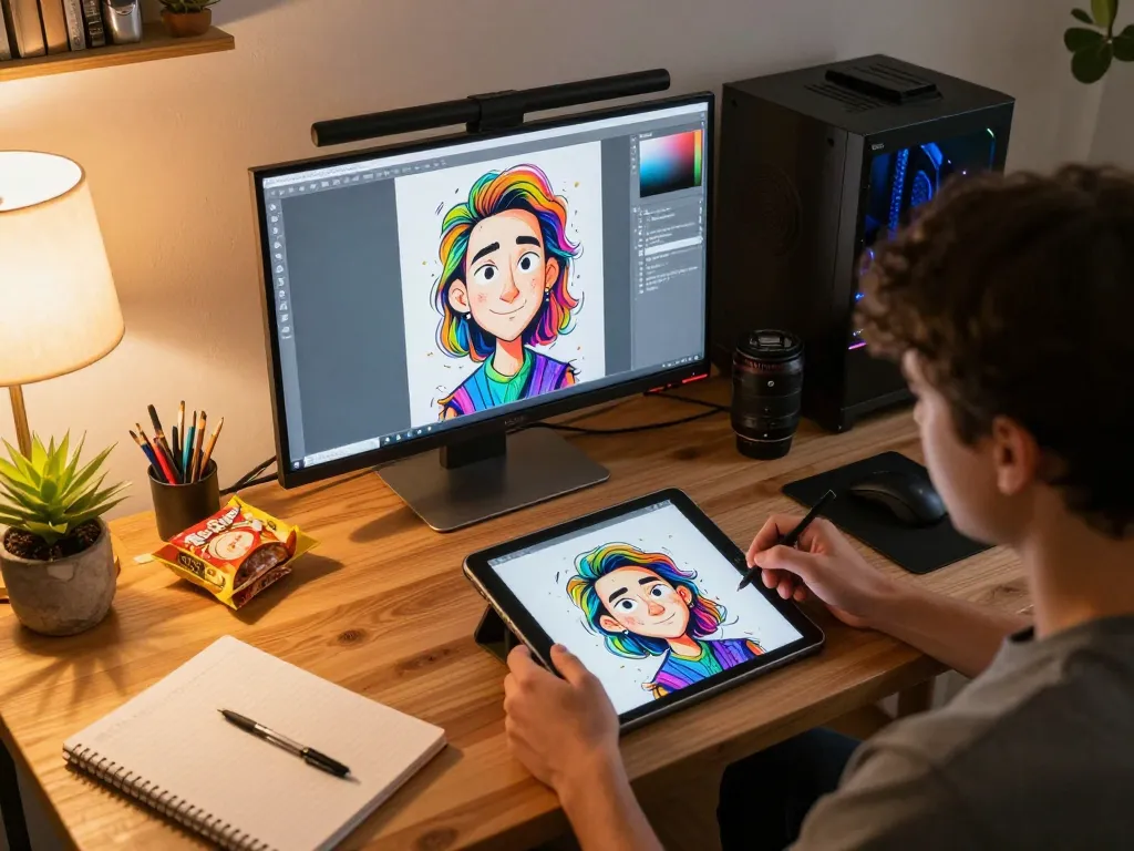 Creating a Chatgpt caricature with tablets in a cozy home setting