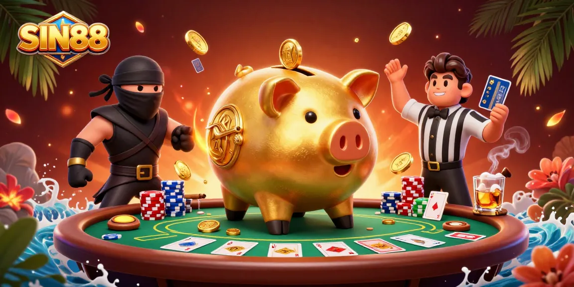 SIN88 showcases epic gambling action with vibrant characters and poker elements in a captivating 3D scene.
