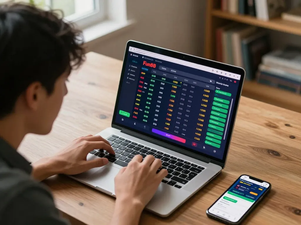 Engaging sports betting session with Fun88 app displayed on laptop, focused atmosphere enhancing excitement.