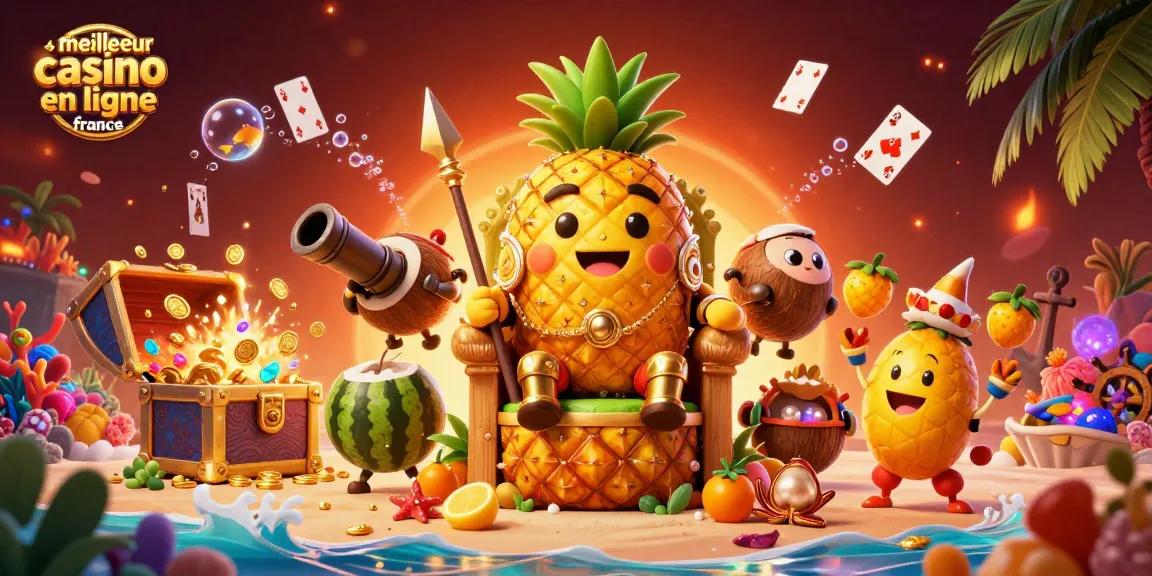 Détails fascinants du meilleur casino en ligne France avec un roi ananas et des éléments de jeu.