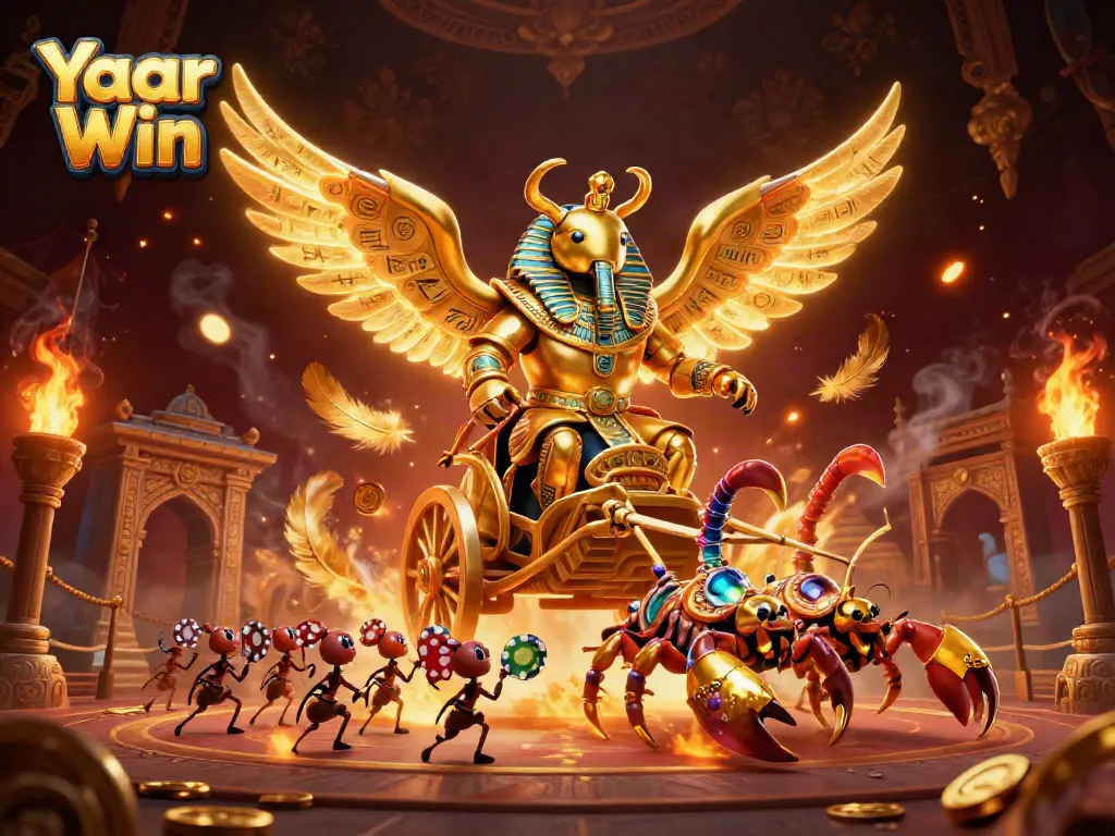 Engage with Yaar Win's lively gaming scene featuring a golden scarab and scorpions amidst dazzling casino elements.