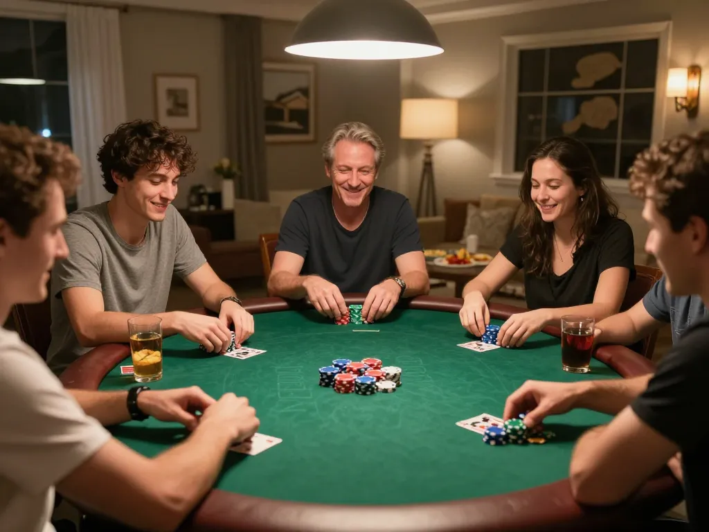 Những người bạn thưởng thức một buổi tối chơi poker sôi động tại nhà với sự phấn khích và chiến lược tại Rikvip