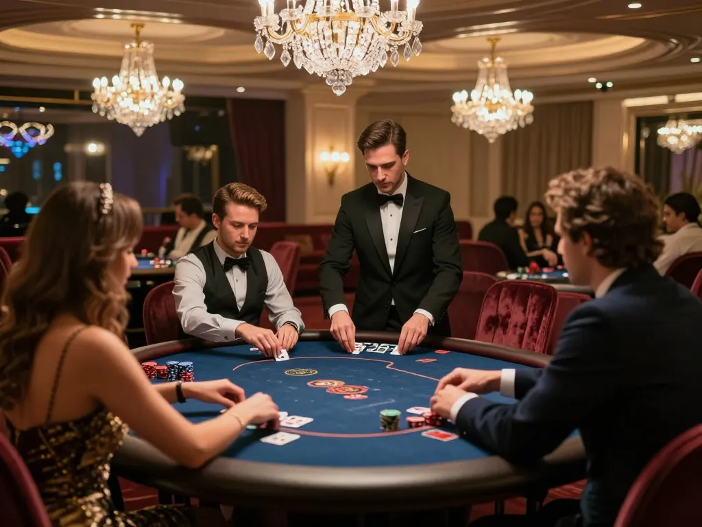 Players enjoying a high-stakes poker game at LGOLUX’s exclusive VIP table in a luxury casino.