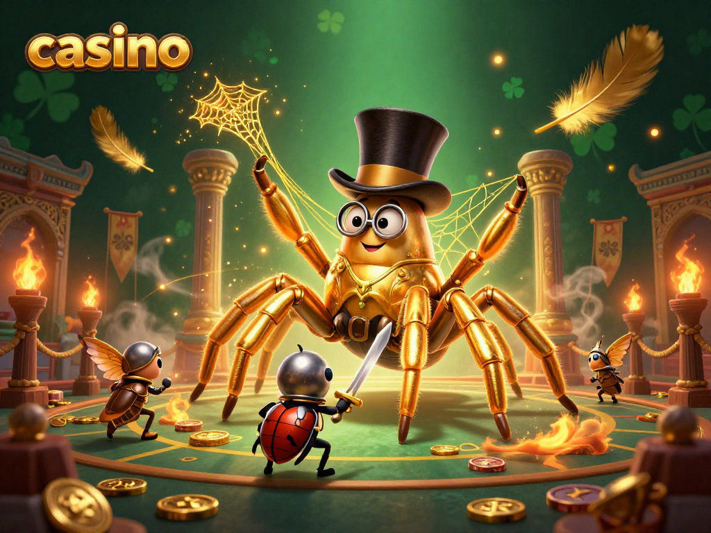 Catch the excitement in this casino scene featuring a giant tarantula and a beetle knight.