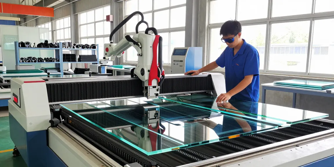 CNC cutting machine glass in action at a modern glass processing facility, showcasing advanced glass production technology.