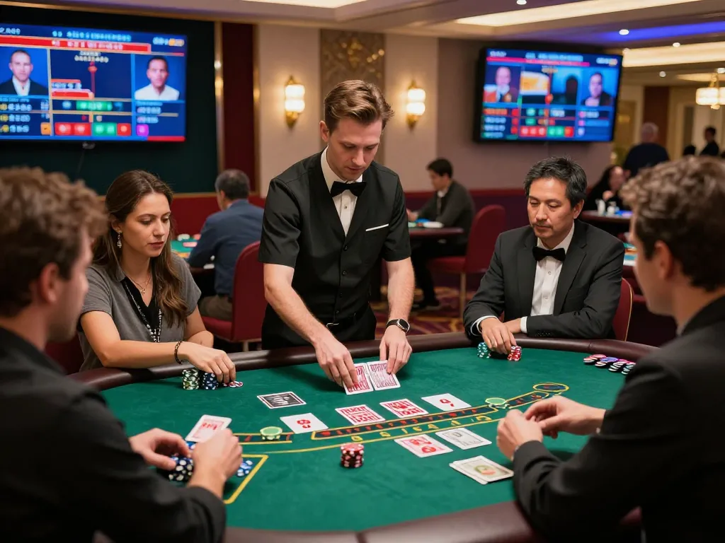 Engaging baccarat game at an online casino, highlighting players and dealer action in an immersive atmosphere, showcasing the excitement of 바카라사이트.