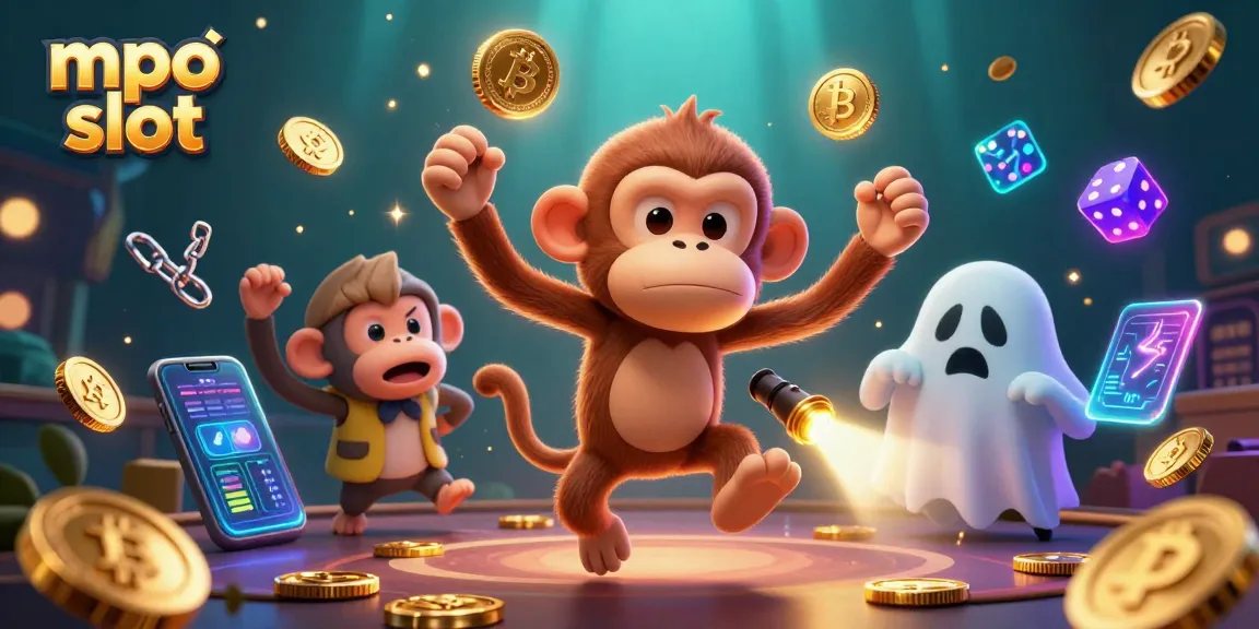 Engage with the mpo slot experience in a vibrant haunted casino scene featuring a playful poltergeist monkey.