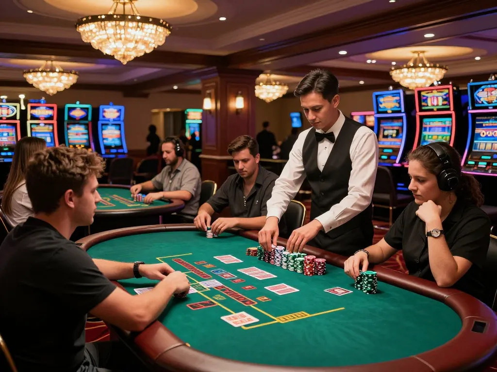 Players enjoying a thrilling blackjack experience at a casino, focusing on strategy and winnings at MM88.
