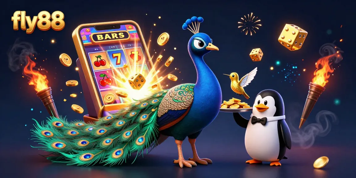 Engage with fly88's vibrant casino experience featuring peacock, penguin, and hummingbird amidst a jackpot explosion.