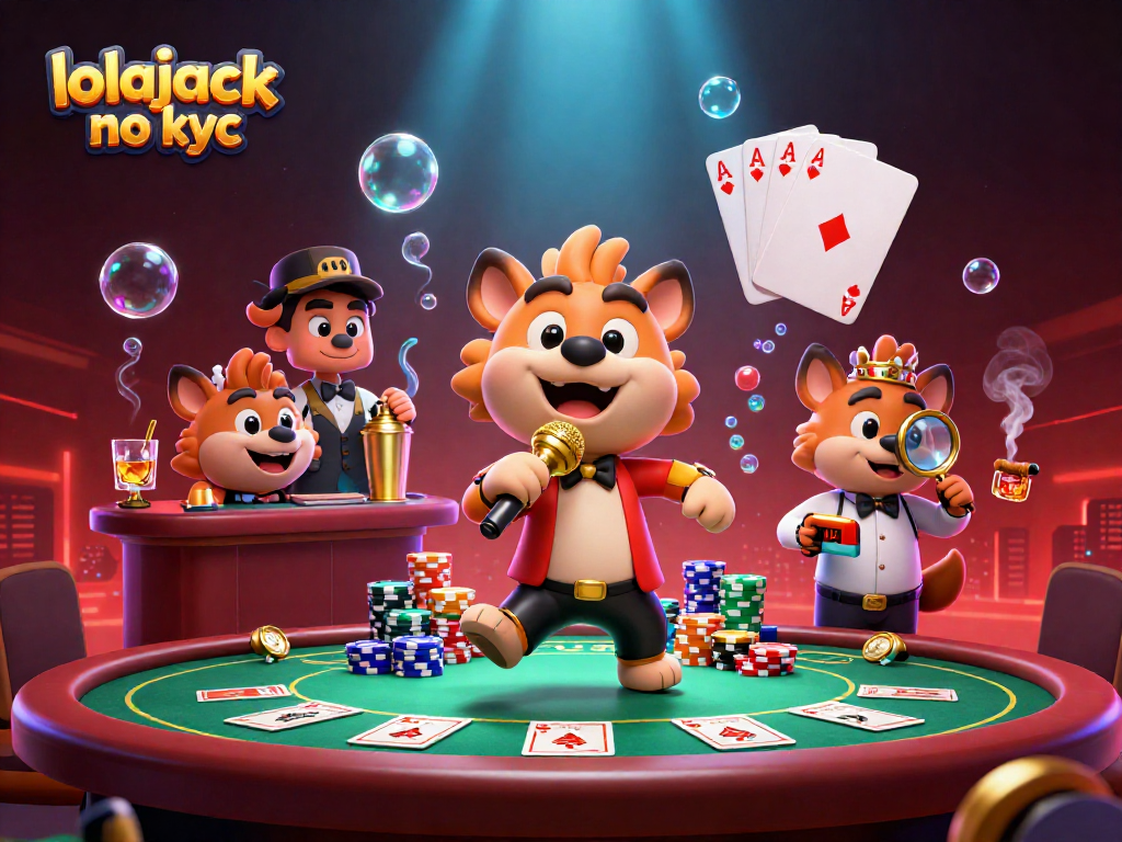 Engaging illustration of lolajack no kyc casino scene with lively hyenas and vibrant gaming elements.