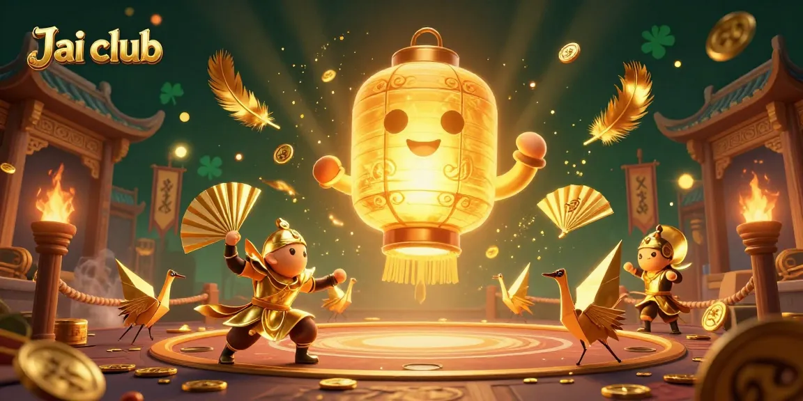 Experience thrilling games at Jai club with a vibrant scene of golden lantern spirits and warrior companions in action.