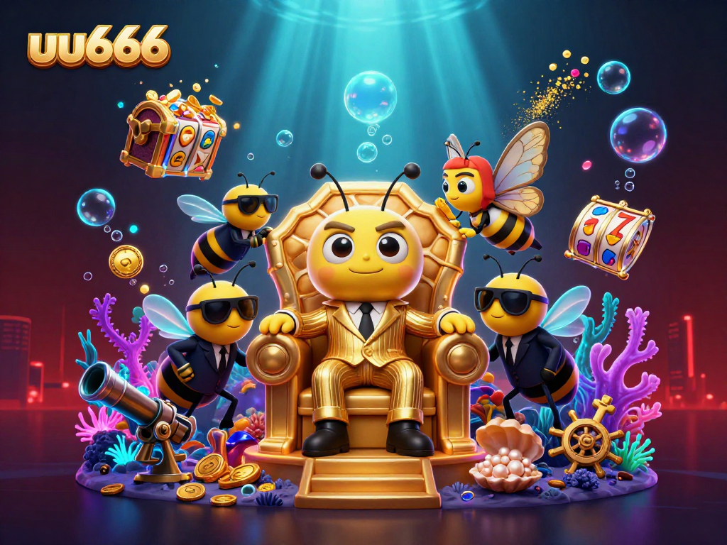 uu666 jackpot celebration with 3D characters, floating slot reels, and vibrant underwater treasures.