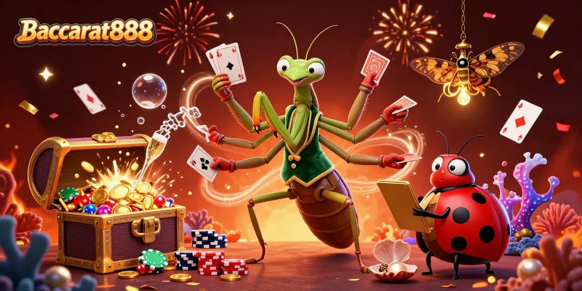 Baccarat888 players experiencing thrilling card dealing action with the giant mantis card sharp in a lively casino scene.