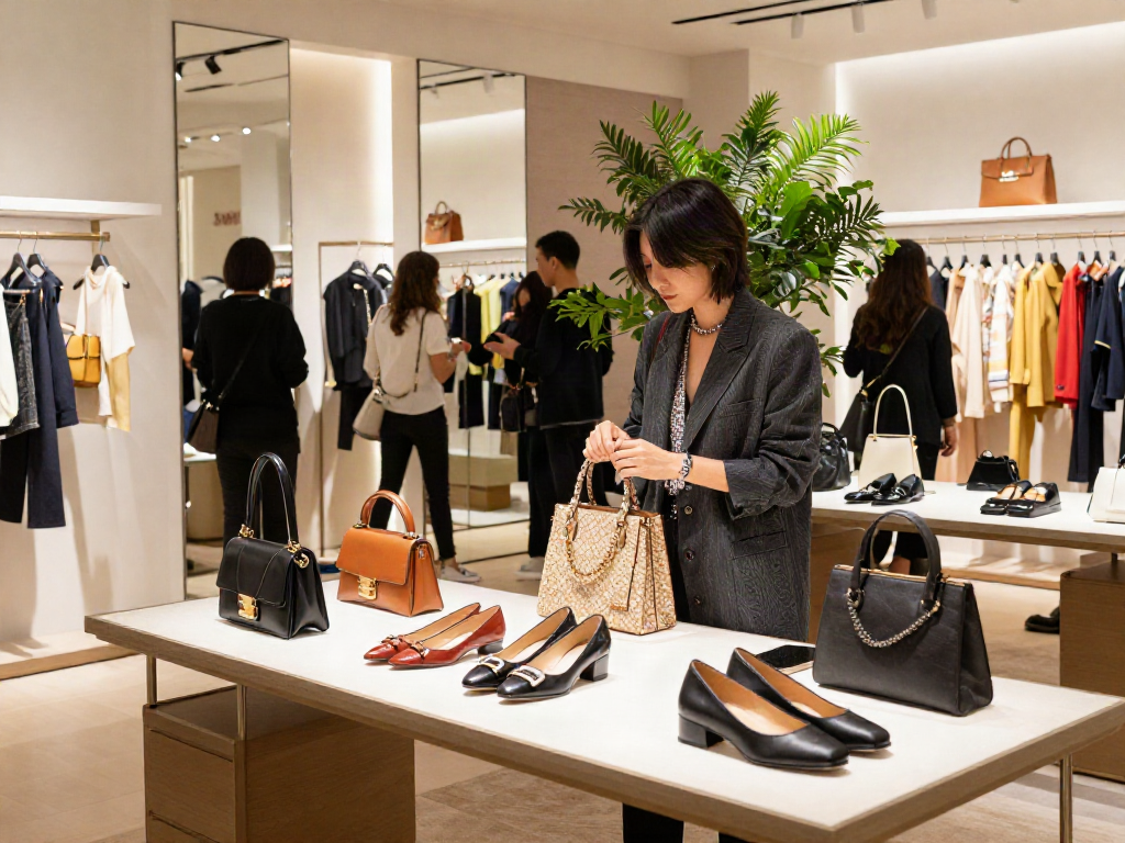Pengunjung melihat koleksi luxury111 di butik fashion mewah yang elegan.