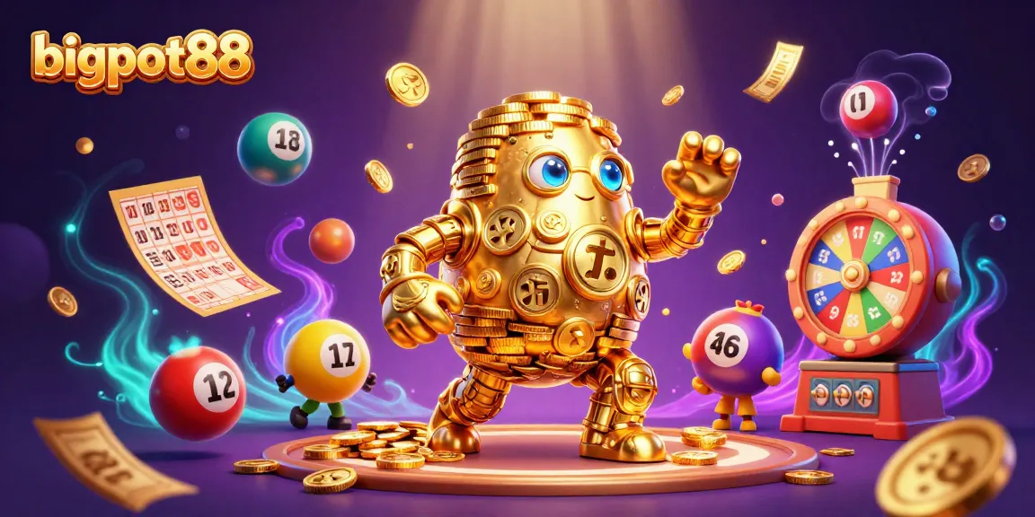 Play exciting games at bigpot88 with our dynamic golden golem surrounded by vibrant prizes.