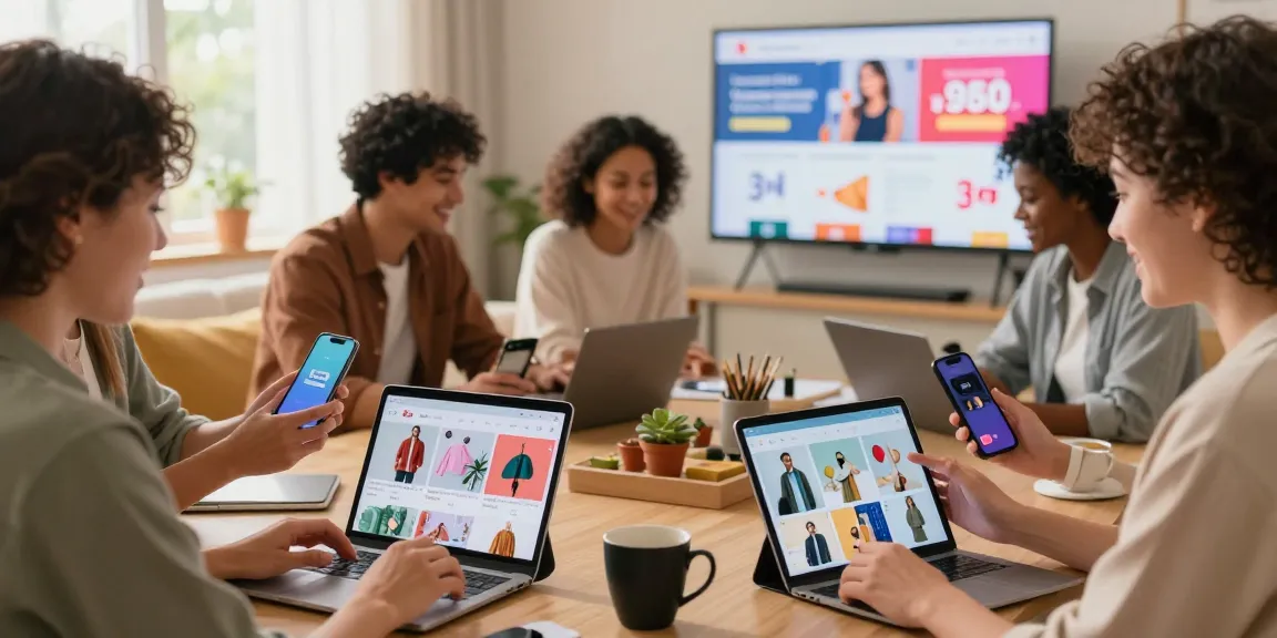 Interactive online shopping scene with diverse group engaging in e-commerce activities, showcasing products from https://forumup.org/shop/search.php?ca_id=&addr1=&addr2=&addr3=&schKeyword= in a modern