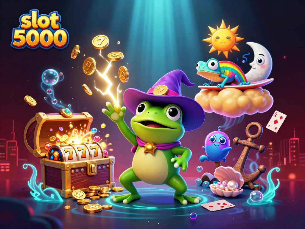 Experience the thrill of slot 5000 with golden coins and exciting game elements in a vibrant casino illustration.
