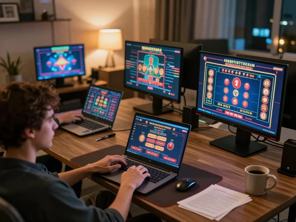 Engaging in ดูหนังออนไลน์ฟรี while playing online casino games at home with laptop and notes