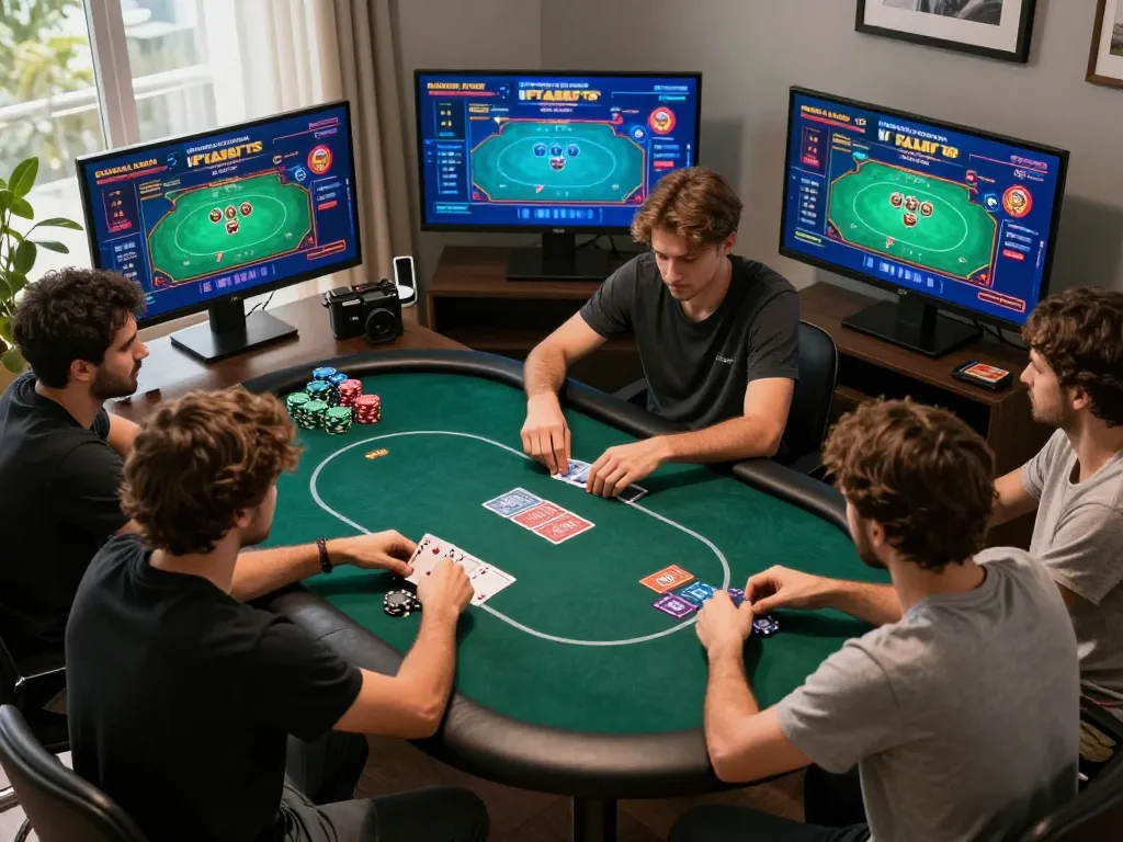 Engaging online poker scene showcasing players immersed in casino americani online gameplay, vibrant atmosphere with chips and cards.