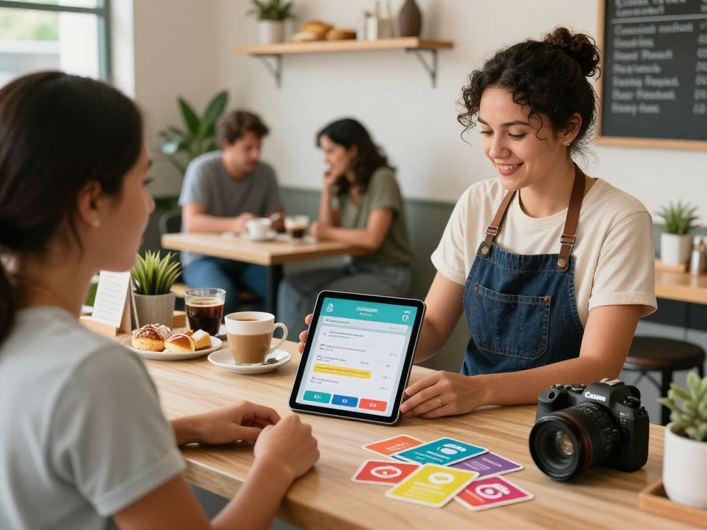 Loyalty program engagement at a café with customers enjoying rewards through a mobile app.