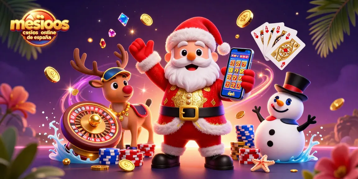 Descubre los mejores casinos online de España con Santa Claus divertido en un ambiente de casino vibrante.
