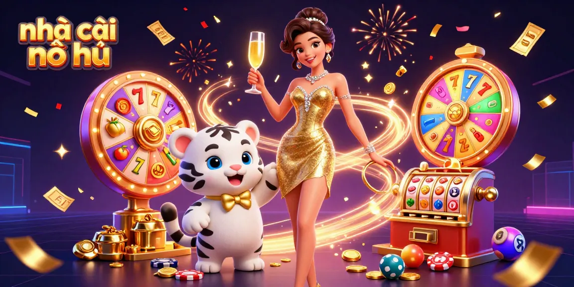 Experience excitement at nhà cái nổ hũ with vibrant slot reels, golden jackpots, and festive celebrations.