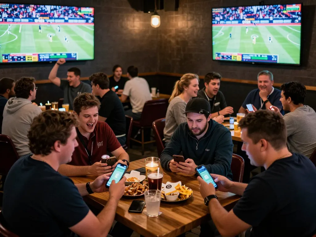 Exciting sports betting scene with patrons using cm88viet apps and watching live games