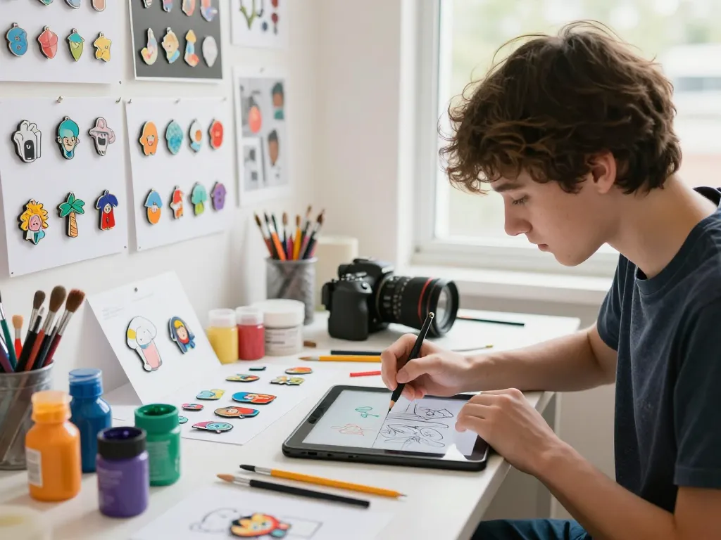Artists designing colorful acrylic pins in a vibrant creative workspace with natural lighting.
