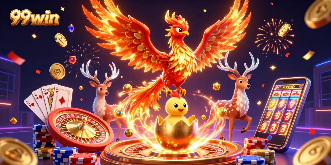Cascade golden coins and gems surround the 99win phoenix scene, celebrating wins in a vibrant casino.