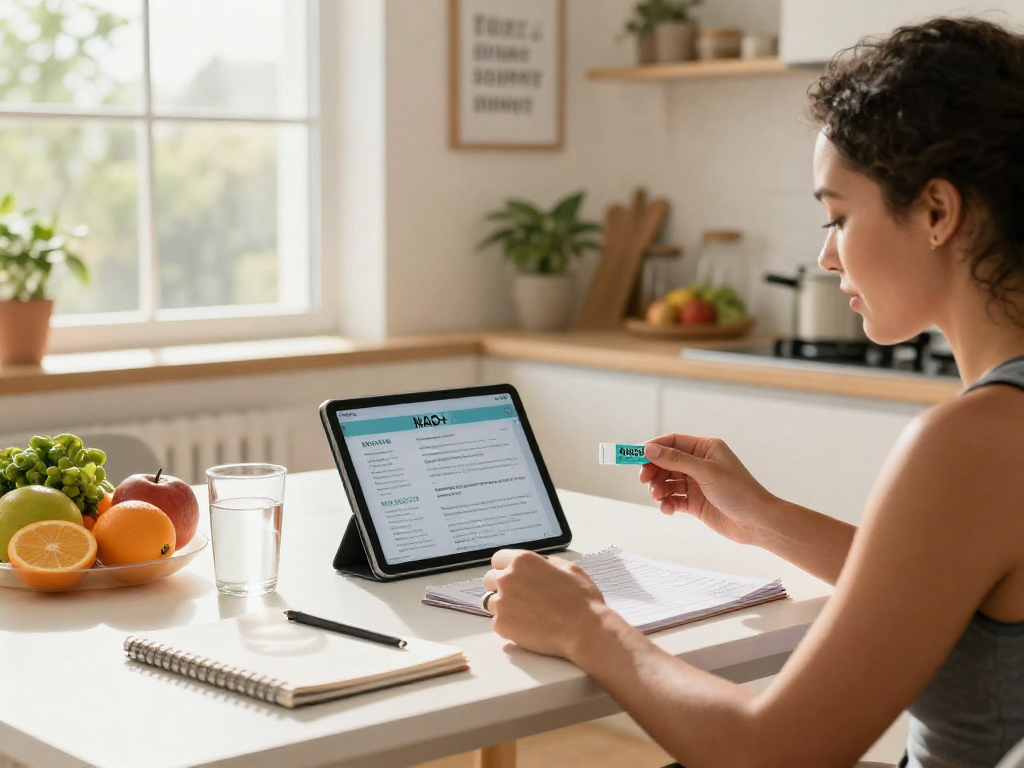 Energized individual savoring NAD+ benefits with Restore Blend Peptide Buccal Strip in a bright wellness kitchen.